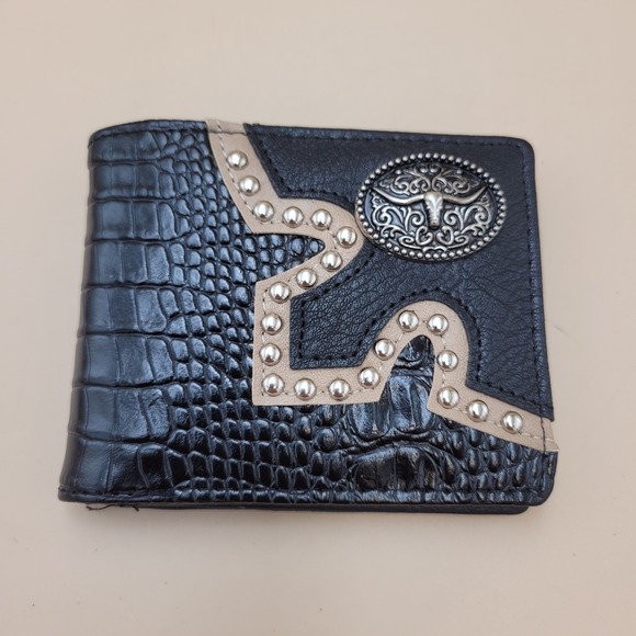 Other - Mens Western Bifold Wallet Black Croc Embossed Longhorn Bull Medallion Studded